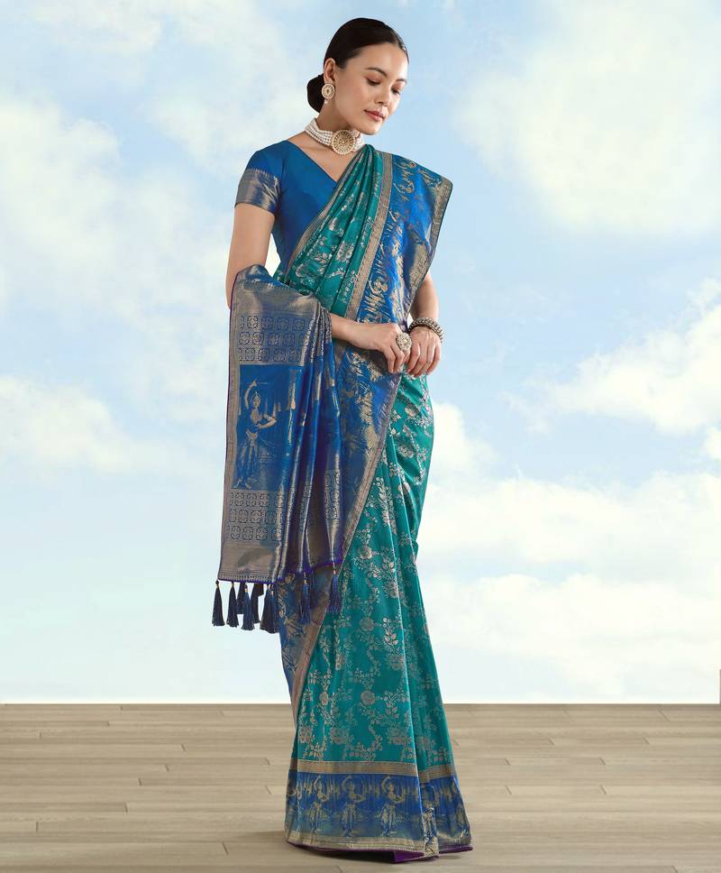 Rama banarasi silk blend jacuard work saree with unstitched blouse piece