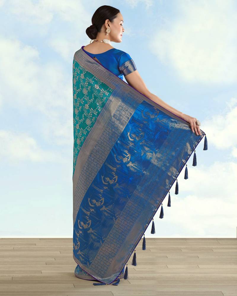 Rama banarasi silk blend jacuard work saree with unstitched blouse piece