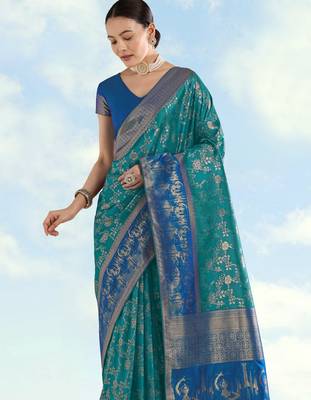 Rama banarasi silk blend jacuard work saree with unstitched blouse piece 4