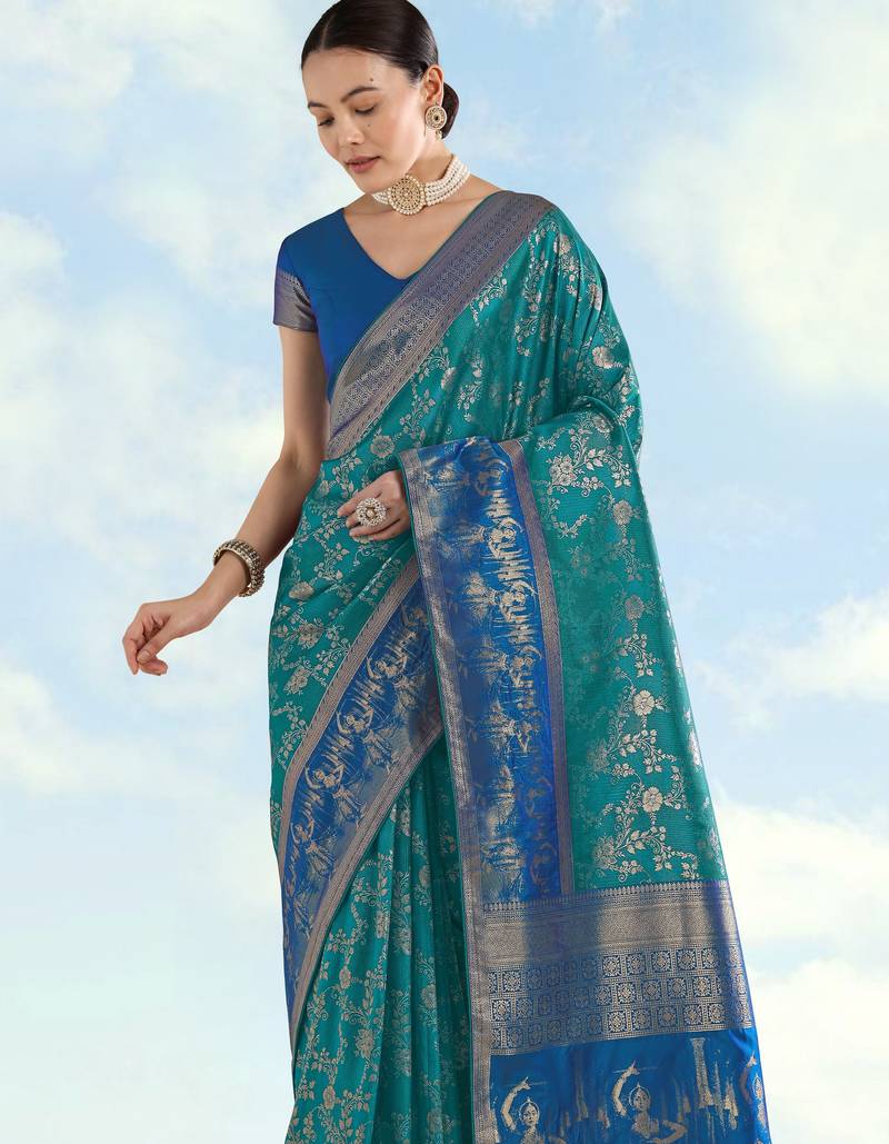 Rama banarasi silk blend jacuard work saree with unstitched blouse piece