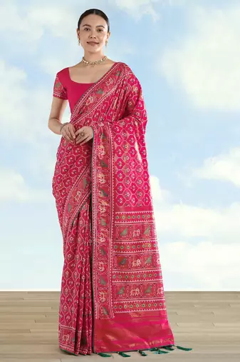 Pink banarasi silk blend jacuard work saree with unstitched blouse piece