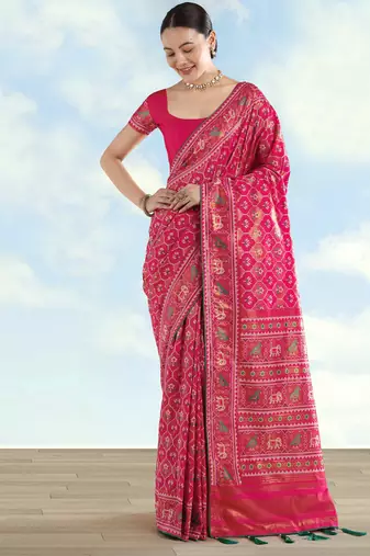 Pink banarasi silk blend jacuard work saree with unstitched blouse piece