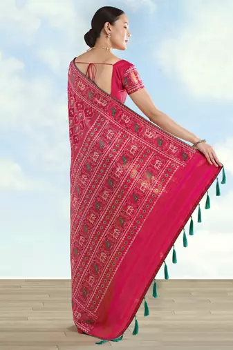 Pink banarasi silk blend jacuard work saree with unstitched blouse piece
