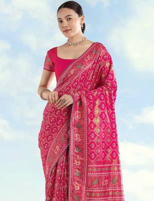 Pink banarasi silk blend jacuard work saree with unstitched blouse piece 4