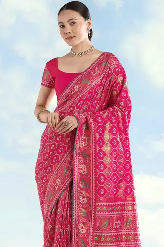 Pink banarasi silk blend jacuard work saree with unstitched blouse piece