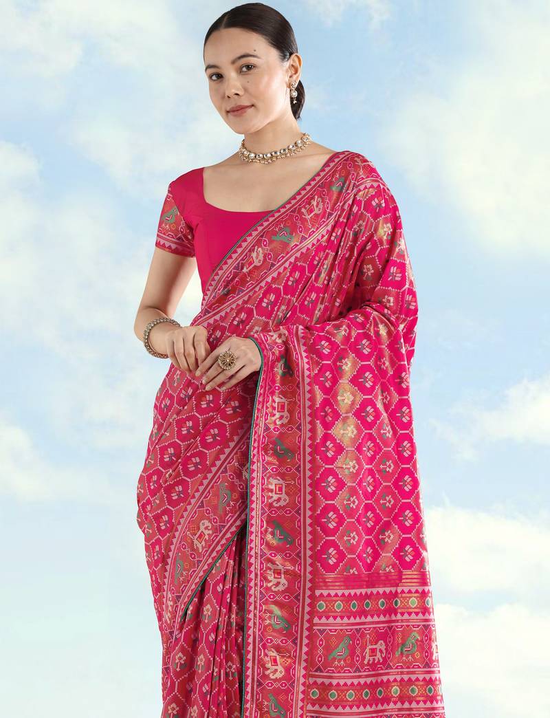 Pink banarasi silk blend jacuard work saree with unstitched blouse piece