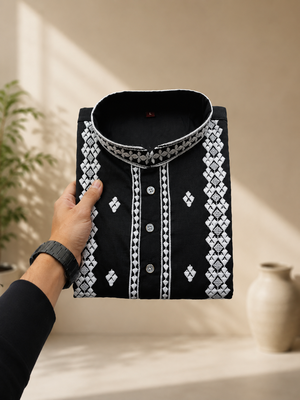 Black color embroidery and silver sequence work silk men's kurta payjama set 3