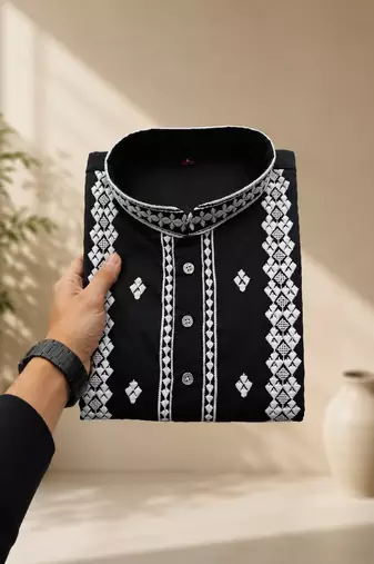 Black color embroidery and silver sequence work silk men's kurta payjama set