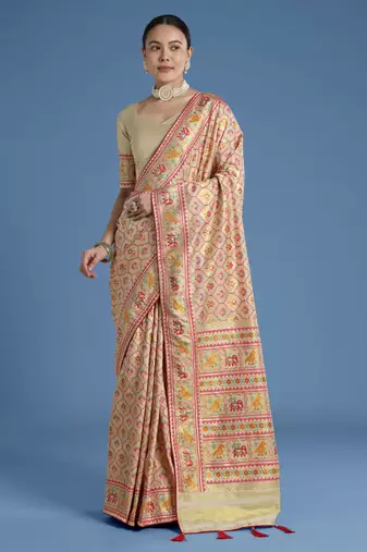 Cream banarasi silk blend jacuard work saree with unstitched blouse piece