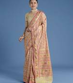 Cream banarasi silk blend jacuard work saree with unstitched blouse piece