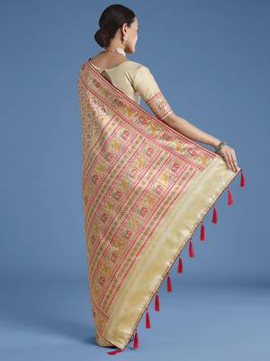 Cream banarasi silk blend jacuard work saree with unstitched blouse piece 3