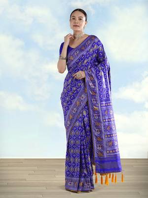 Royal blue banarasi silk blend jacuard work saree with unstitched blouse piece 1