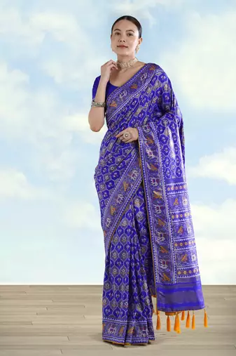 Royal blue banarasi silk blend jacuard work saree with unstitched blouse piece
