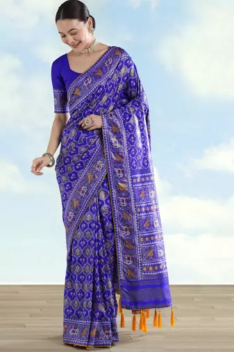 Royal blue banarasi silk blend jacuard work saree with unstitched blouse piece