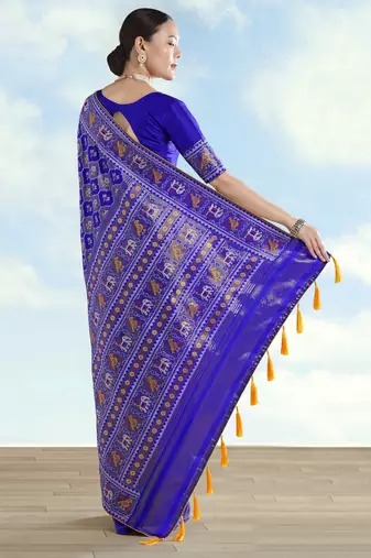 Royal blue banarasi silk blend jacuard work saree with unstitched blouse piece