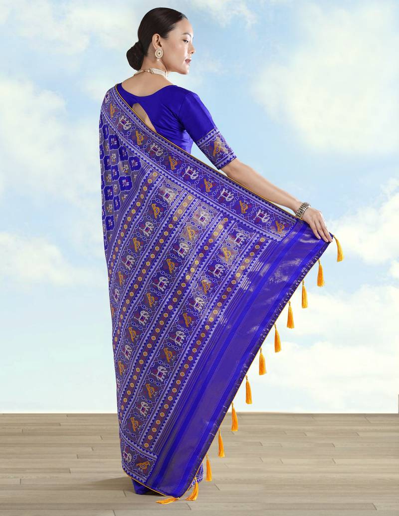 Royal blue banarasi silk blend jacuard work saree with unstitched blouse piece