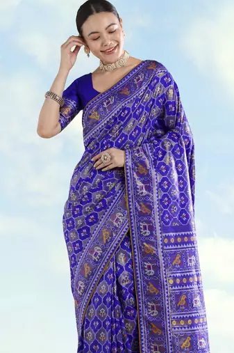 Royal blue banarasi silk blend jacuard work saree with unstitched blouse piece