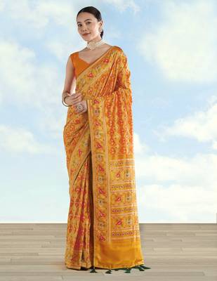 Yellow orange banarasi silk blend jacuard work saree with unstitched blouse piece 1