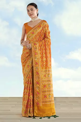 Yellow orange banarasi silk blend jacuard work saree with unstitched blouse piece