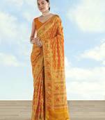 Yellow orange banarasi silk blend jacuard work saree with unstitched blouse piece