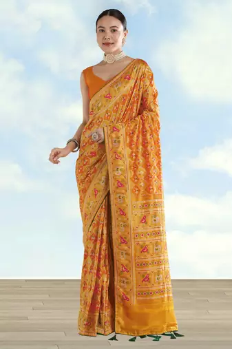 Yellow orange banarasi silk blend jacuard work saree with unstitched blouse piece