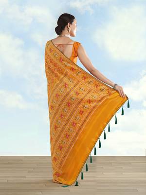 Yellow orange banarasi silk blend jacuard work saree with unstitched blouse piece 3