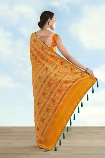 Yellow orange banarasi silk blend jacuard work saree with unstitched blouse piece