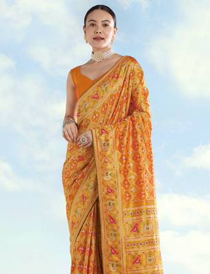 Yellow orange banarasi silk blend jacuard work saree with unstitched blouse piece 4