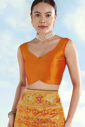 Yellow orange banarasi silk blend jacuard work saree with unstitched blouse piece