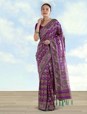 Purple banarasi silk blend jacuard work saree with unstitched blouse piece 1