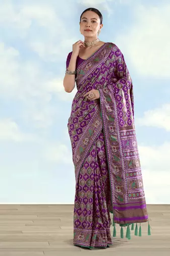 Purple banarasi silk blend jacuard work saree with unstitched blouse piece