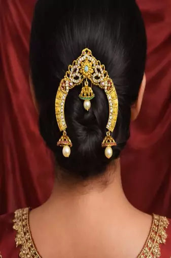 Gold Plated Temple Hair Brooch: Antique Matte Finish Jada Billa with Jhumka Drops