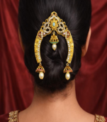 Gold Plated Temple Hair Brooch: Antique Matte Finish Jada Billa with Jhumka Drops