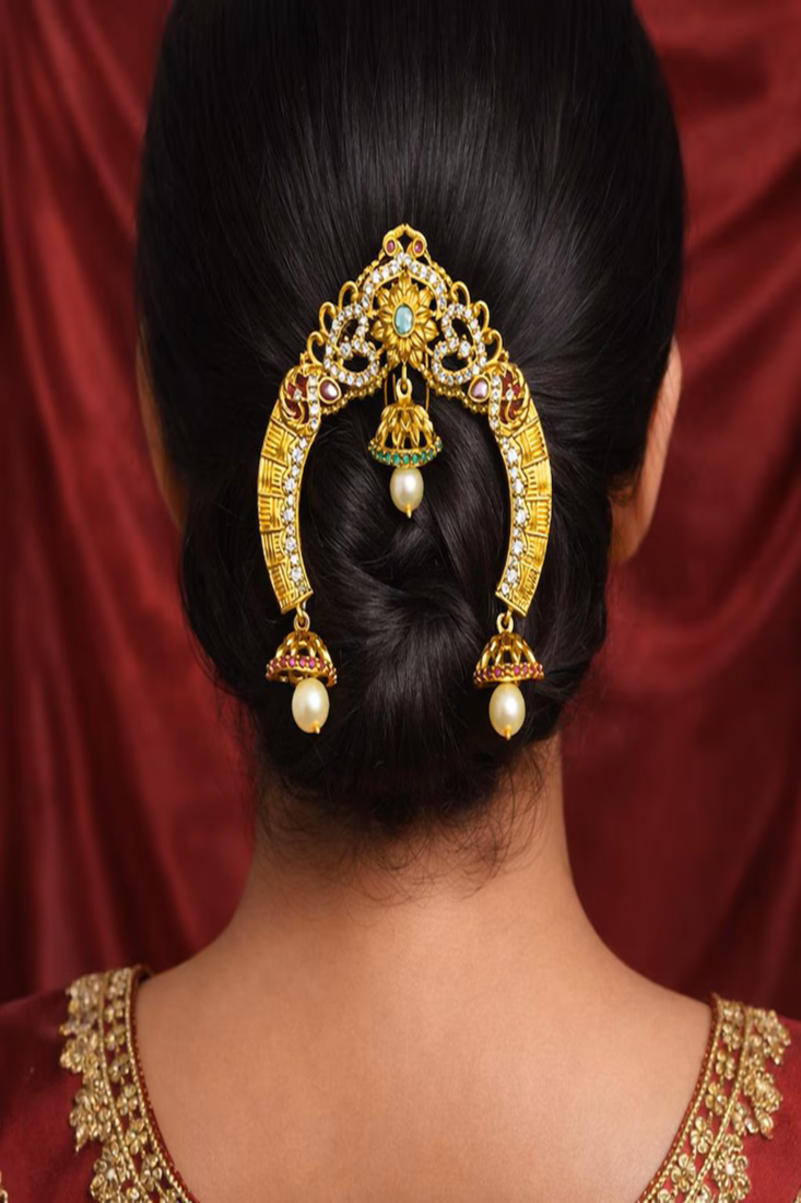 Gold Plated Temple Hair Brooch: Antique Matte Finish Jada Billa with Jhumka Drops