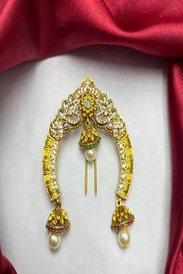 Gold Plated Temple Hair Brooch: Antique Matte Finish Jada Billa with Jhumka Drops 2
