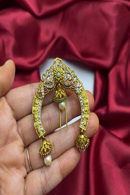 Gold Plated Temple Hair Brooch: Antique Matte Finish Jada Billa with Jhumka Drops 3