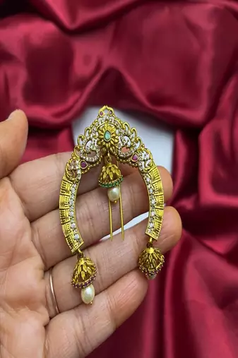 Gold Plated Temple Hair Brooch: Antique Matte Finish Jada Billa with Jhumka Drops