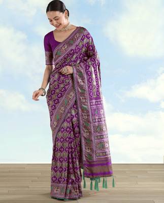 Purple banarasi silk blend jacuard work saree with unstitched blouse piece 2