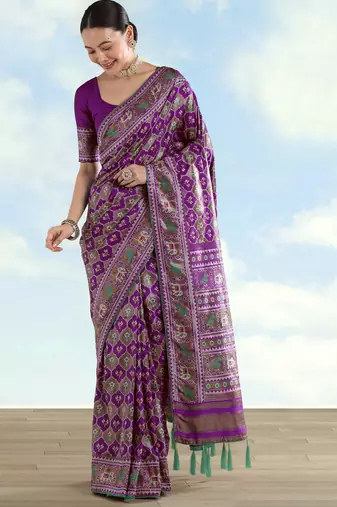 Purple banarasi silk blend jacuard work saree with unstitched blouse piece
