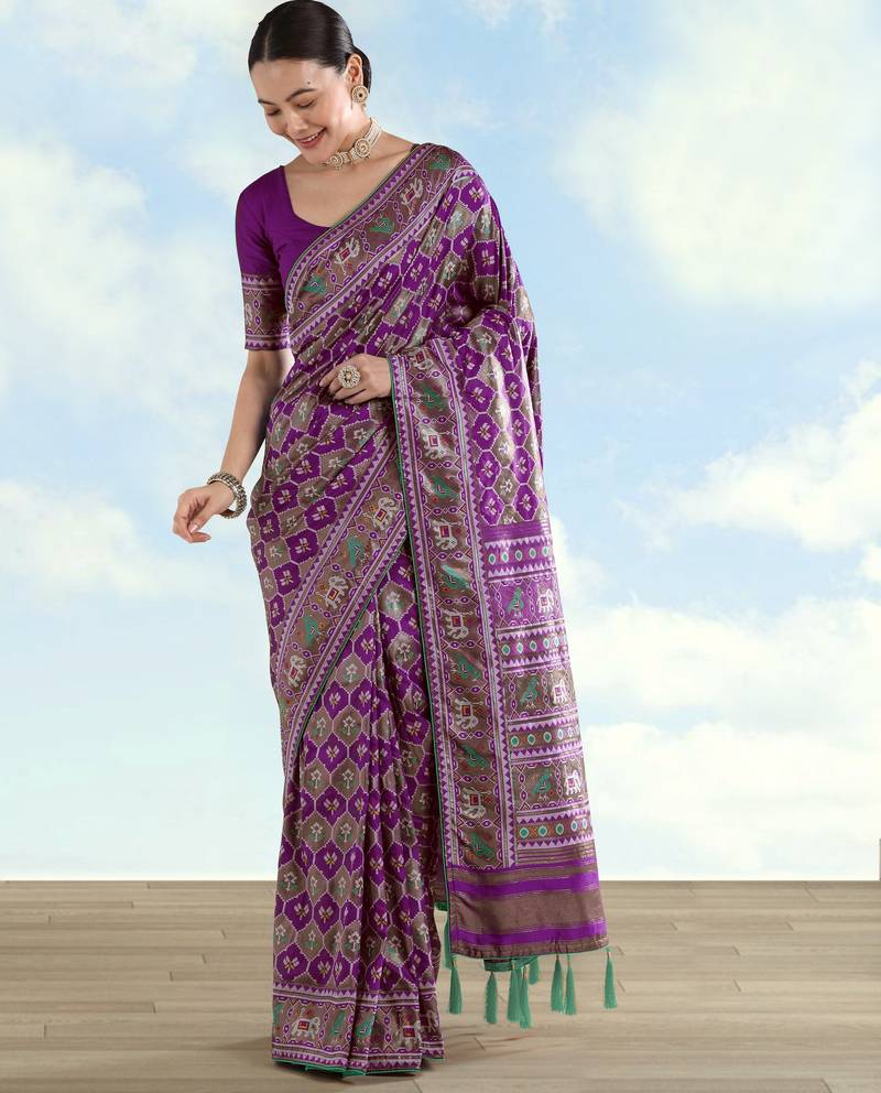 Purple banarasi silk blend jacuard work saree with unstitched blouse piece