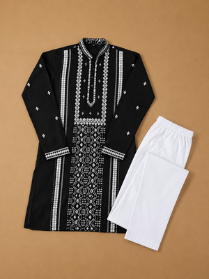 Black color embroidery and silver sequence work silk men's kurta payjama set 4