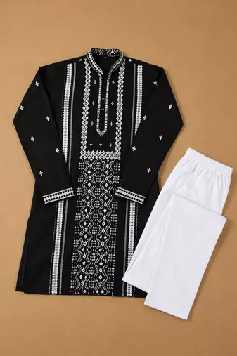 Black color embroidery and silver sequence work silk men's kurta payjama set