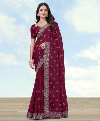 Wine georgette embroidery work saree with unstitched blouse piece 1
