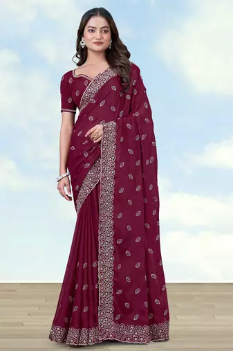 Wine georgette embroidery work saree with unstitched blouse piece