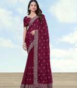 Wine georgette embroidery work saree with unstitched blouse piece