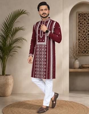 Maroon color embroidery and silver sequence work silk men's kurta payjama set 1