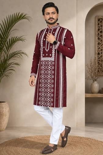 Maroon color embroidery and silver sequence work silk men's kurta payjama set