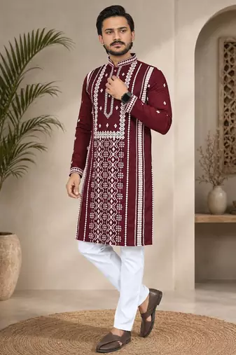 Maroon color embroidery and silver sequence work silk men's kurta payjama set