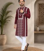Maroon color embroidery and silver sequence work silk men's kurta payjama set