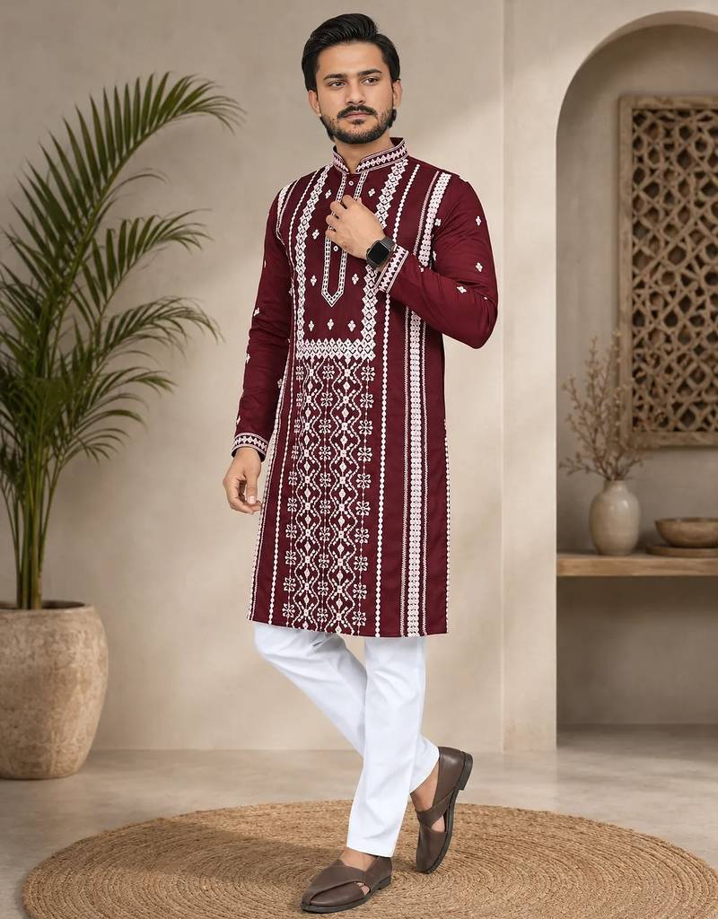 Maroon color embroidery and silver sequence work silk men's kurta payjama set